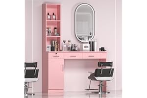 TOVRON Salon Station for Hair Stylist Home Beauty Barber Equipment Supplies Organizer Cabinet Barbershop Furniture,Pink