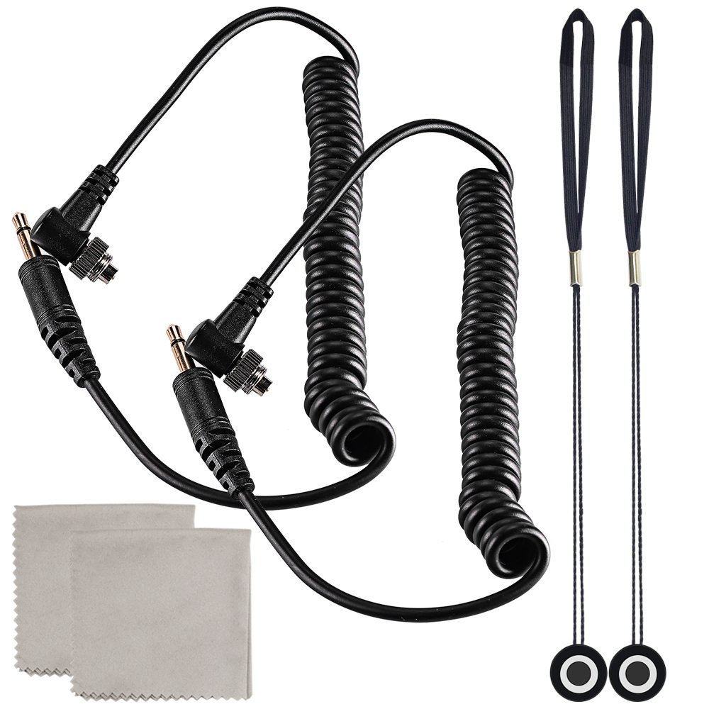 3.5 mm Male Flash PC Sync Cable, YuCool 2 Pieces 14-Inch Coiled Cord with Screw Lock Suitable for Nikon, Canon, and most DSLR Cameras, 2 Camera Lens Cap Holder, Bonus 2 Cleaning Clothes (Pack of 6)