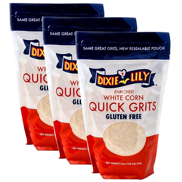 DIXIE LILY WHITE CORN GRITS – ENRICHED WITH IRON, NIACIN, THIAMINE, RIBOFLAVIN – CLASSIC SOUTHERN TASTE – CERTIFIED NON-GMO – 3-PACK, 20OZ