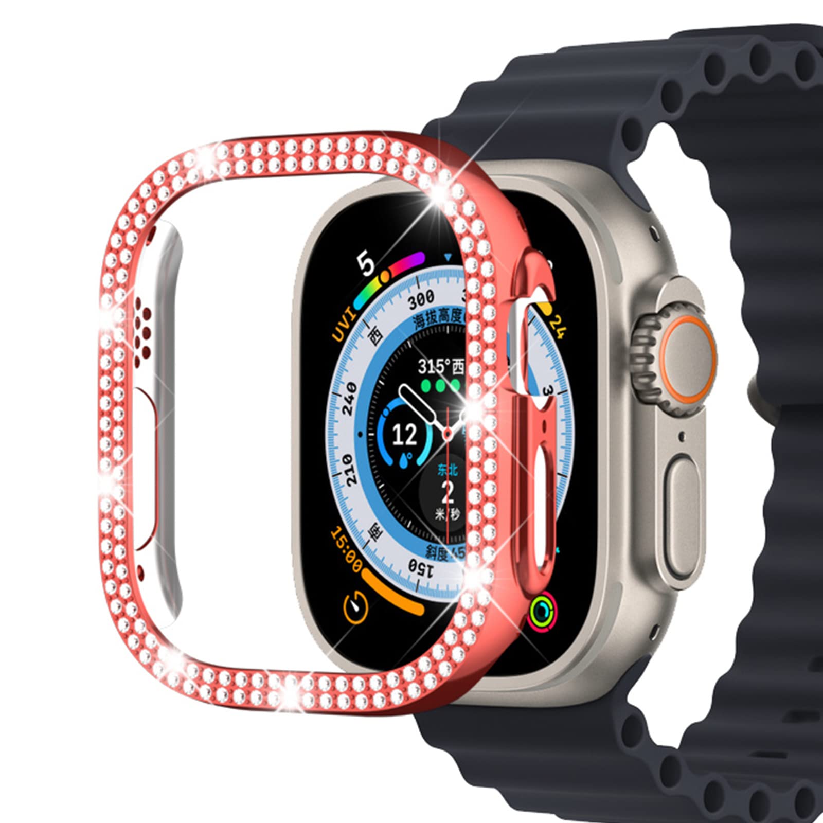 Miimall Compatible with Apple Watch Ultra 2/49mm Bling Case, Hard Bumper Case with Crystal Diamonds, Shockproof Women Frame Protective Cover for iWatch Ultra 2, Red