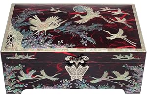 Mother of Pearl Inlay Design Wood Jewelry Box, Asian Jewelry Case, Trinket Keepsake Treasure Gift Box Holder Chest Organizer 