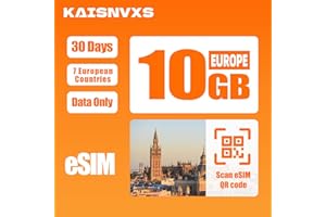 KAISNVXS eSIM for Europe Travel 30 Days 10 GB - 4G/5G High Speed Network eSIM Card in 7 Europe Countries (Germany,Netherlands,Italy,Portugal,Spain,United Kingdom,France), Data ONLY, No Voice/SMS