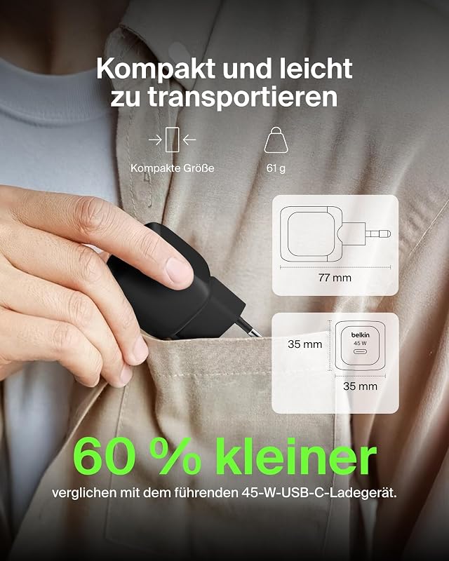 kompaktes USB-C Ladegerät 45W, USB-C Power Delivery zum Schnellladen für Apple iPhone 17, iPhone 16, iPhone 15-Serie, Samsung Galaxy, Google Pixel, iPad, AirPods usw. – Schwarz