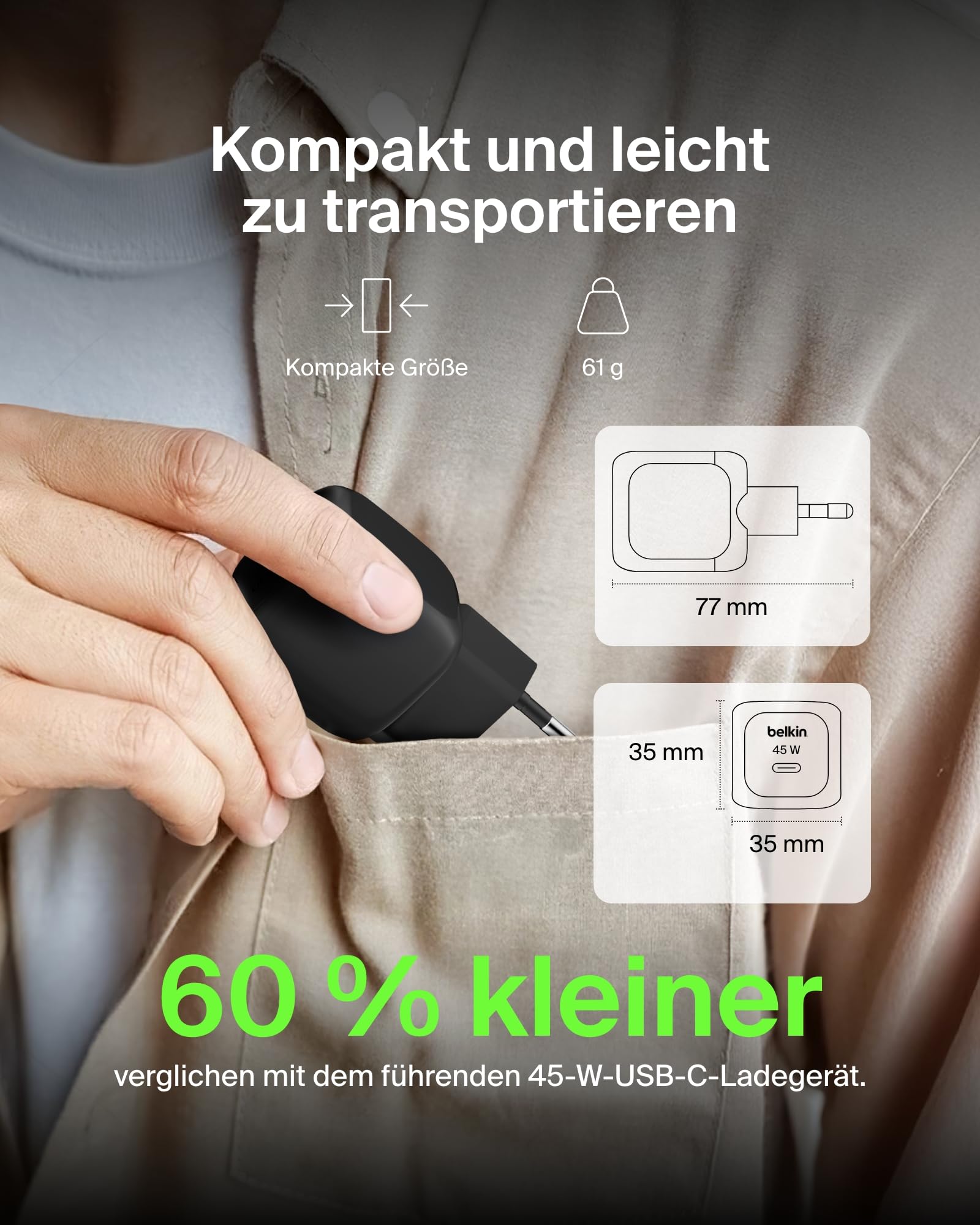 Belkin kompaktes USB-C Ladegerät 45W, USB-C Power Delivery zum Schnellladen für Apple iPhone 17, iPhone 16, iPhone 15-Serie, Samsung Galaxy, Google Pixel, iPad, AirPods usw. – Schwarz 3