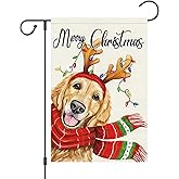 Louise Maelys Merry Christmas Garden Flag 12x18 Double Sided, Burlap Welcome Winter Golden Retriever Dog Yard for Xmas Outside Outdoor Decoration
