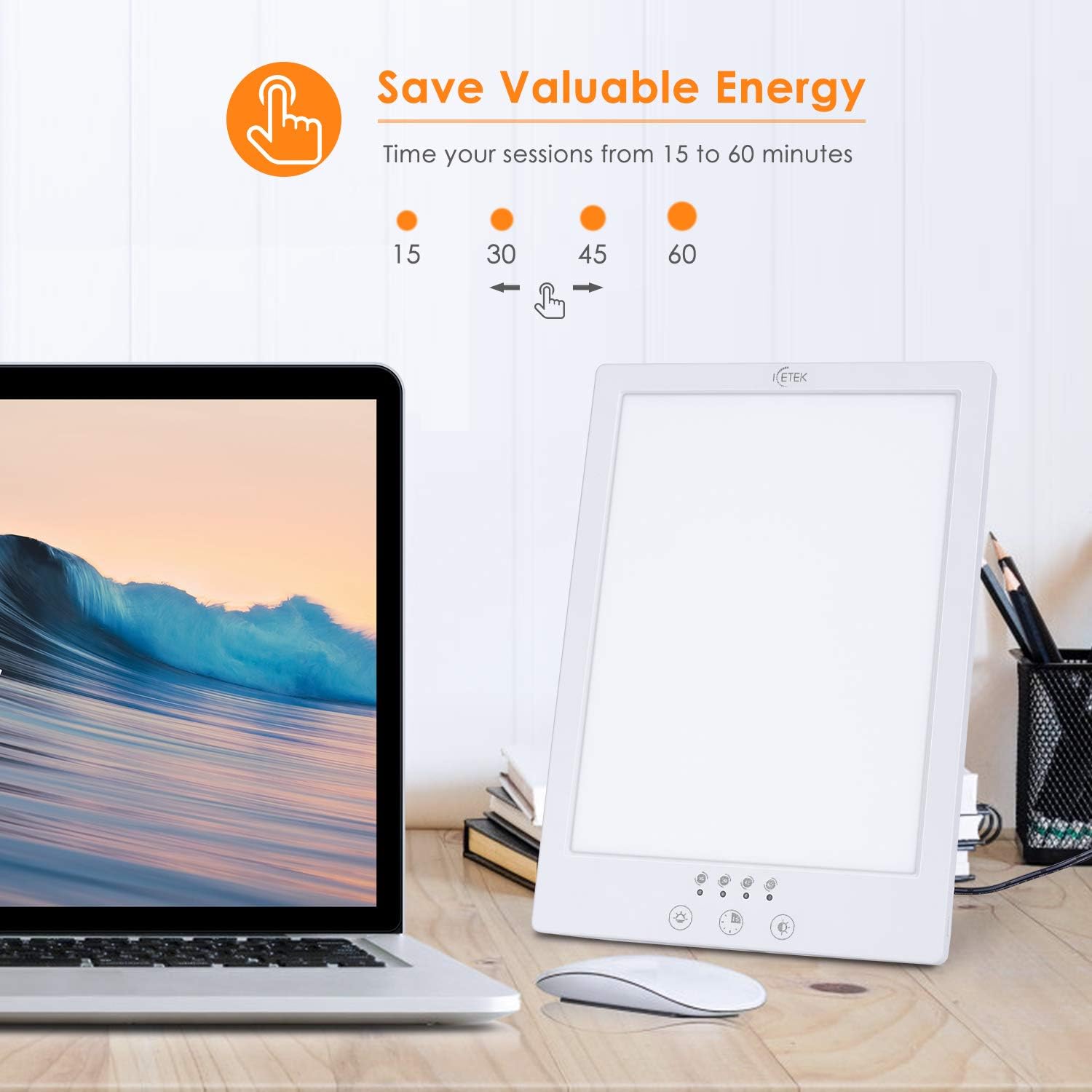 Light Therapy Lamp, ICETEK LED Bright Therapy Light, UV Free 12000 Lux Sun Lamp with Adjustable Brightness Levels, Timer Function, Touch Control and 360° Rotatable Stand for Happy Home/Office/Travelm: Health & Personal Care