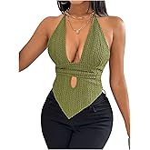 SOLY HUX Women's Deep V Neck Cut Out Halter Top Tie Backless Asymmetrical Hem Summer Tops
