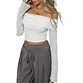 RoseSeek Women's Off The Shoulder Tops Long Sleeve Ruched Crop Tops Fitted Mesh Y2K T Shirts