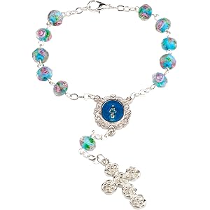 HELLOWIN 8mm Murano Rose Beads Catholic Virgin Mary Car Rosary | for Rearview Mirror, Jesus Crucifix Cross Pendant, with Gift