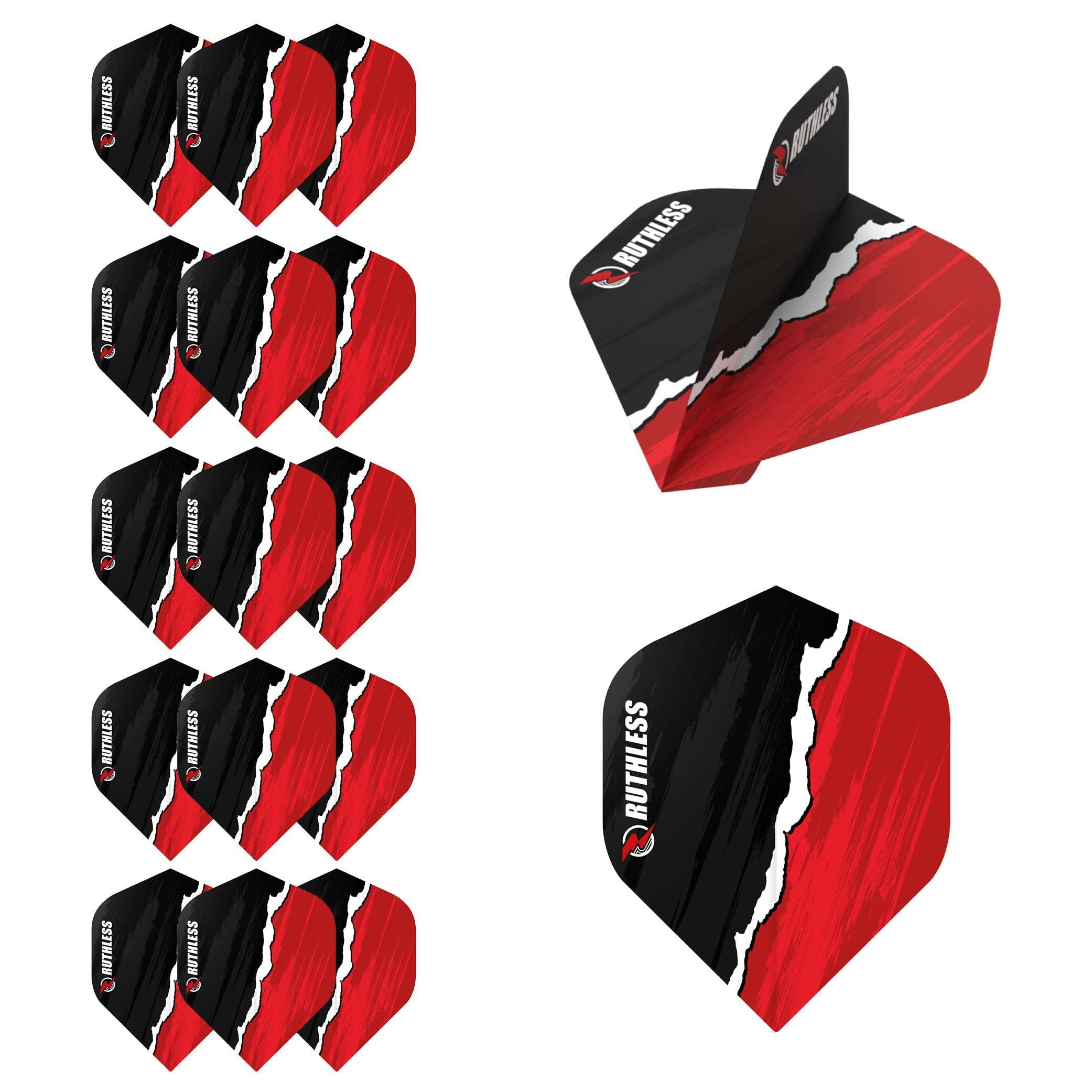RUTHLESS Dart Flights | Premium 100 Micron Standard Number 2 Shape Rip Torn Design, Red, 5 Sets of 3 Flights (5XF4187)