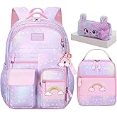 Jcobvig 3Pcs Kids Backpack For Girls,Cute Rainbow Student School Backpack With Lunch Bag Pen Bag Set (Purple Medium 16.5in