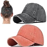 2 Packs Womens Ponytail Criss Cross Hat Baseball Cap Distressed Ponytail Hat High Messy Bun Trucker Ponycap