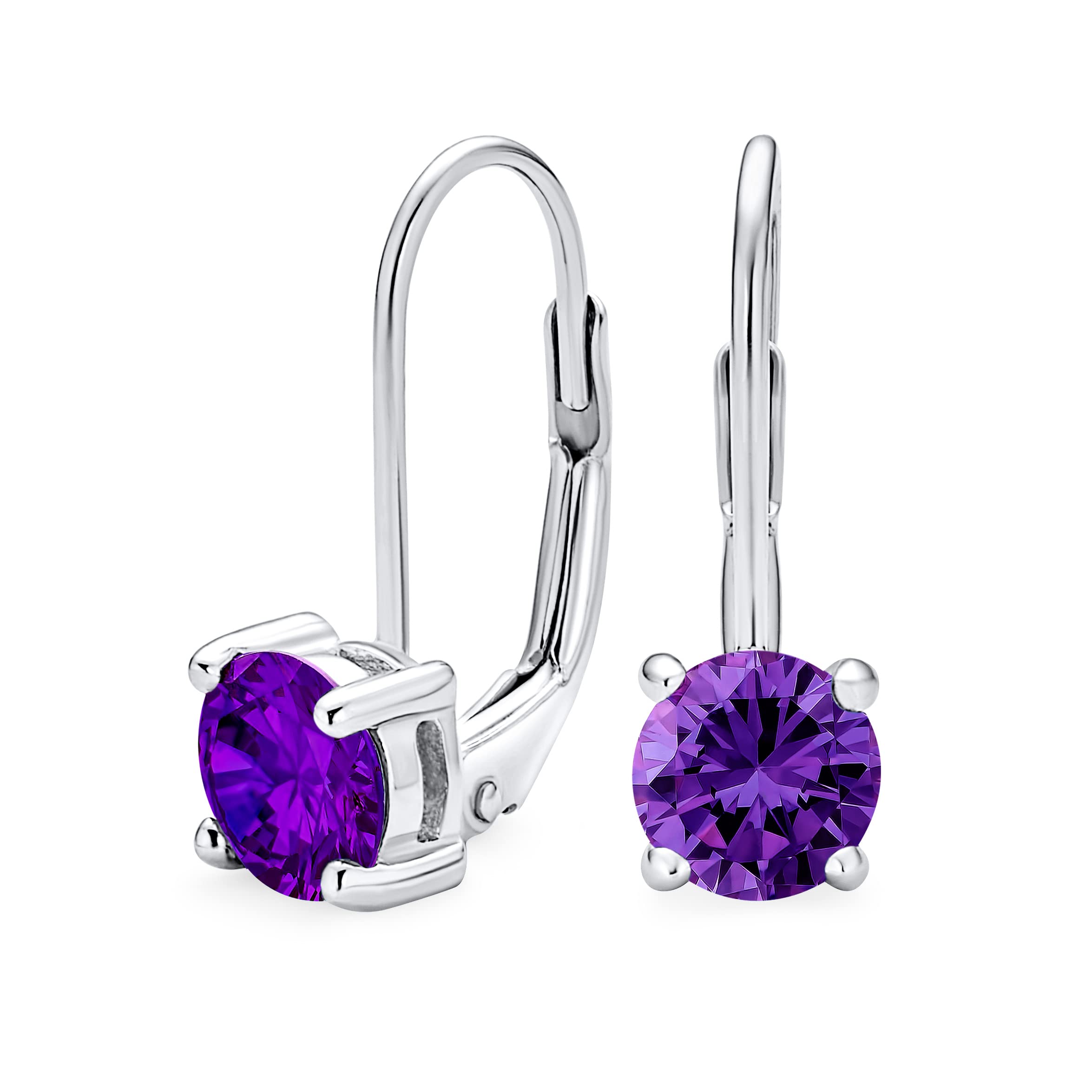 Purple Solitaire Round Brilliant Cut Cubic Zirconia CZ Lever back Drop Earrings Simulated Amethyst Sterling Silver — image 1