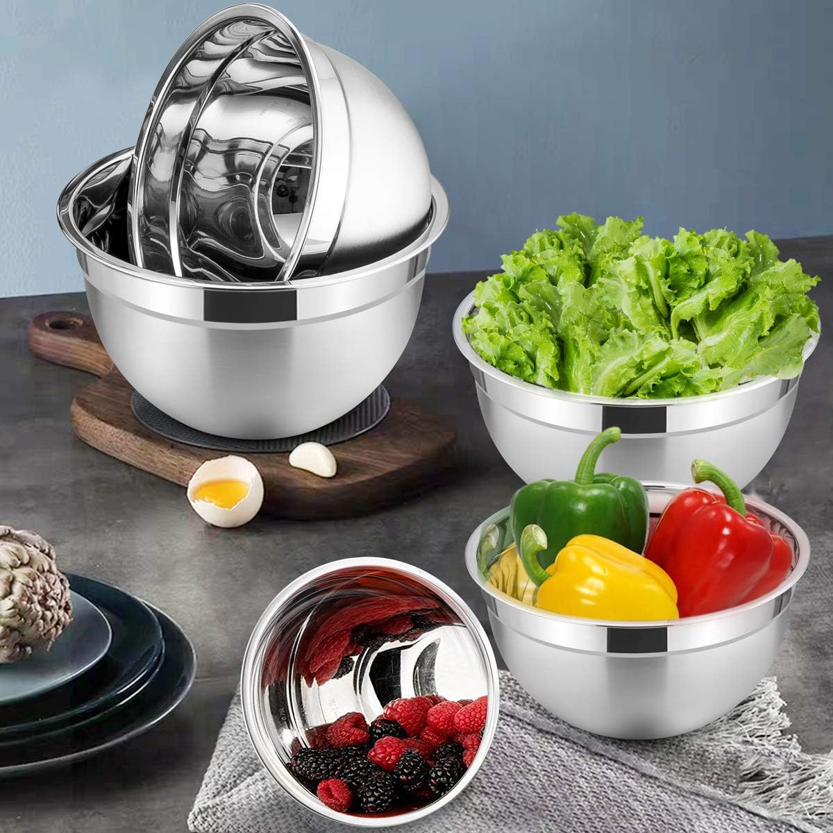 HaWare Mixing Bowl Set of 5, 100% Stainless Steel Nesting Metal Bowls with Airtight Lids, Heavy Duty & Dishwasher Safe - Image 4
