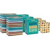 Hallmark Teal and Yellow Birthday Gift Bag Assortment (8 Bags: 3 Small 6", 3 Medium 9", 2 Large 13") Dots, Stripes, Happy Birthday