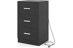 KOMFOTT 3-Drawer Nightstand, Modern Drawer Organizer with Power Outlet, Compact Bedside Storage End Table for Bedroom, Small 