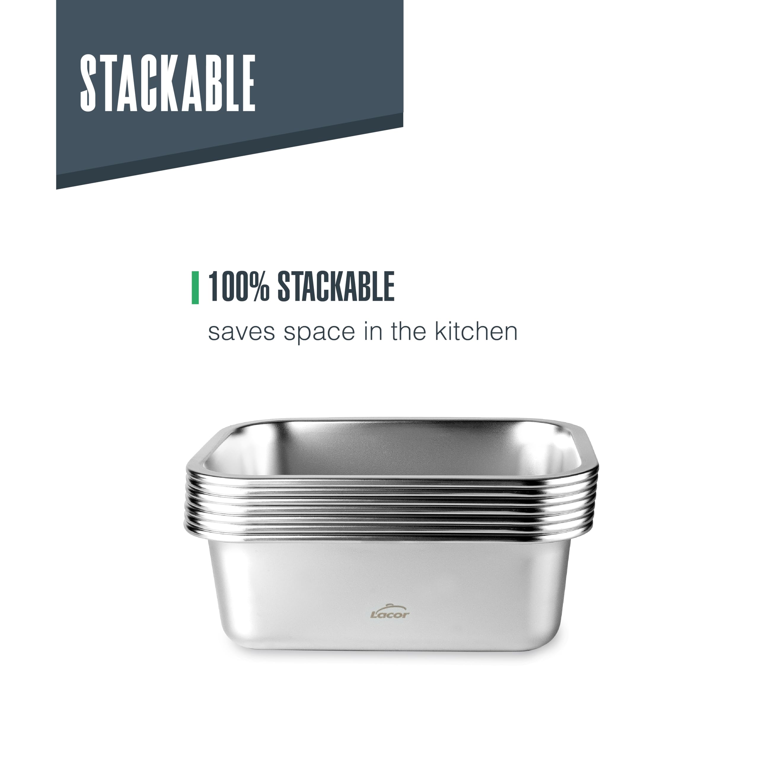 LACOR 64617 - Set mit 3 Behältern für Lebensmittel, Ecoinox, Edelstahl 18/10, 800/1200/1800 ml, geeignet für Mikrowelle, Backofen, Gefrierschrank und Spülmaschine, luftdicht, BPA-frei 5