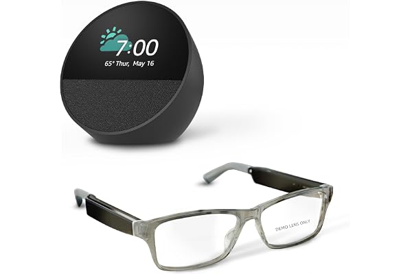 Amazon Echo Frames (newest model) + Echo Spot (newest model), Smart Glasses with Alexa, Modern Rectangle frames in Charcoal Gray with prescription ready lenses