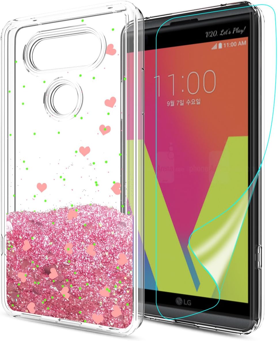 LG V20 Case With HD Screen Protector For girls, Slook [Heart Love Series] Flowing Liquid Glitter TPU Soft Shockproof Phone Cover Case Sparkly Shiny Bling Bumper Protective for LG V20 LS Rose Gold