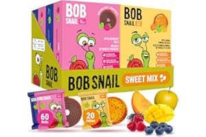 Bob Snail Healthy Snacks Dried Fruit Rolls and Jelly Gems – 80 Piece Blueberry, Raspberry, Mango Chia – No Added Sugar, Vegan