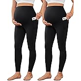 VALANDY Creamlush 2 Pack Women's Maternity Leggings with Pockets Over The Belly,Soft Comfy Active Yoga Lounge Pregnancy Pants