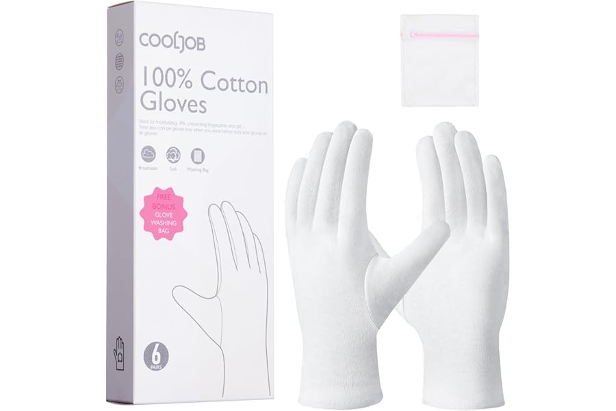 COOLJOB 100% Cotton Gloves, 6 Pairs White Cotton Gloves for Dry Hands Moisturizing & Eczema, Overnight Lotion, Sleep & Spa Treatment for Women & Men, Breathable Work Glove Liners, Medium Size