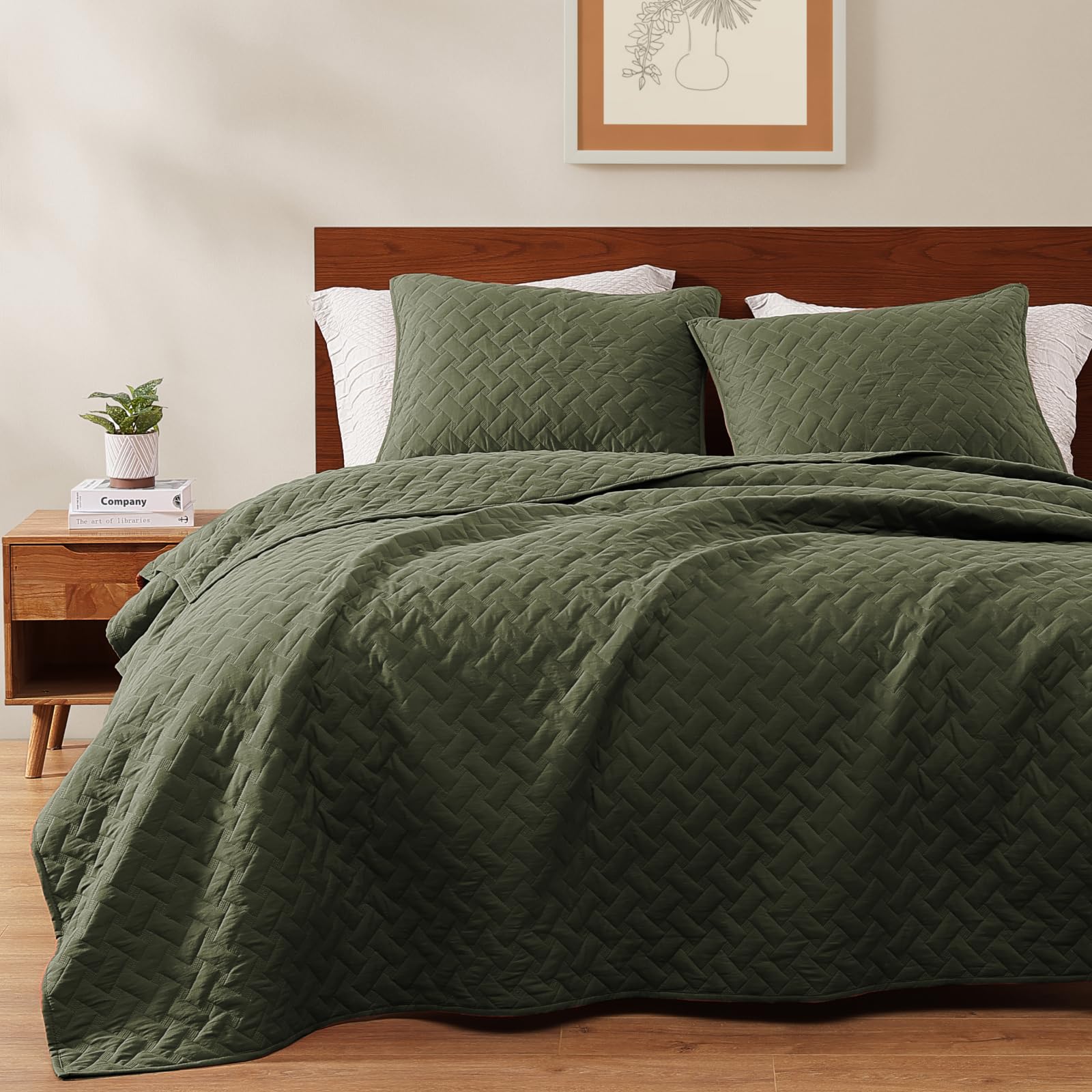 Photo 1 of WRENSONGE King Size Quilt-3 Pieces Weave Pattern Olive Green Bedspreads King Size Quilt Bedding Set for All Seasons, Soft Summer Coverlet with 2 Pillow Shams Suitable for Bed