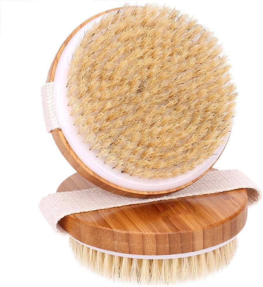 Depory 2 Pcs Bath Body Brush Dry Skin Bath Shower Brush Natural Bristles Bamboo Wood