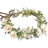 KorViSHOW White Flower Crown Headband- Handmade Fairy Rose Floral Headpiece Adjustable White Flower Headbands for Women Girls Wedding, Renaissance Party, Festival Decoration, Hair Styling Accessory