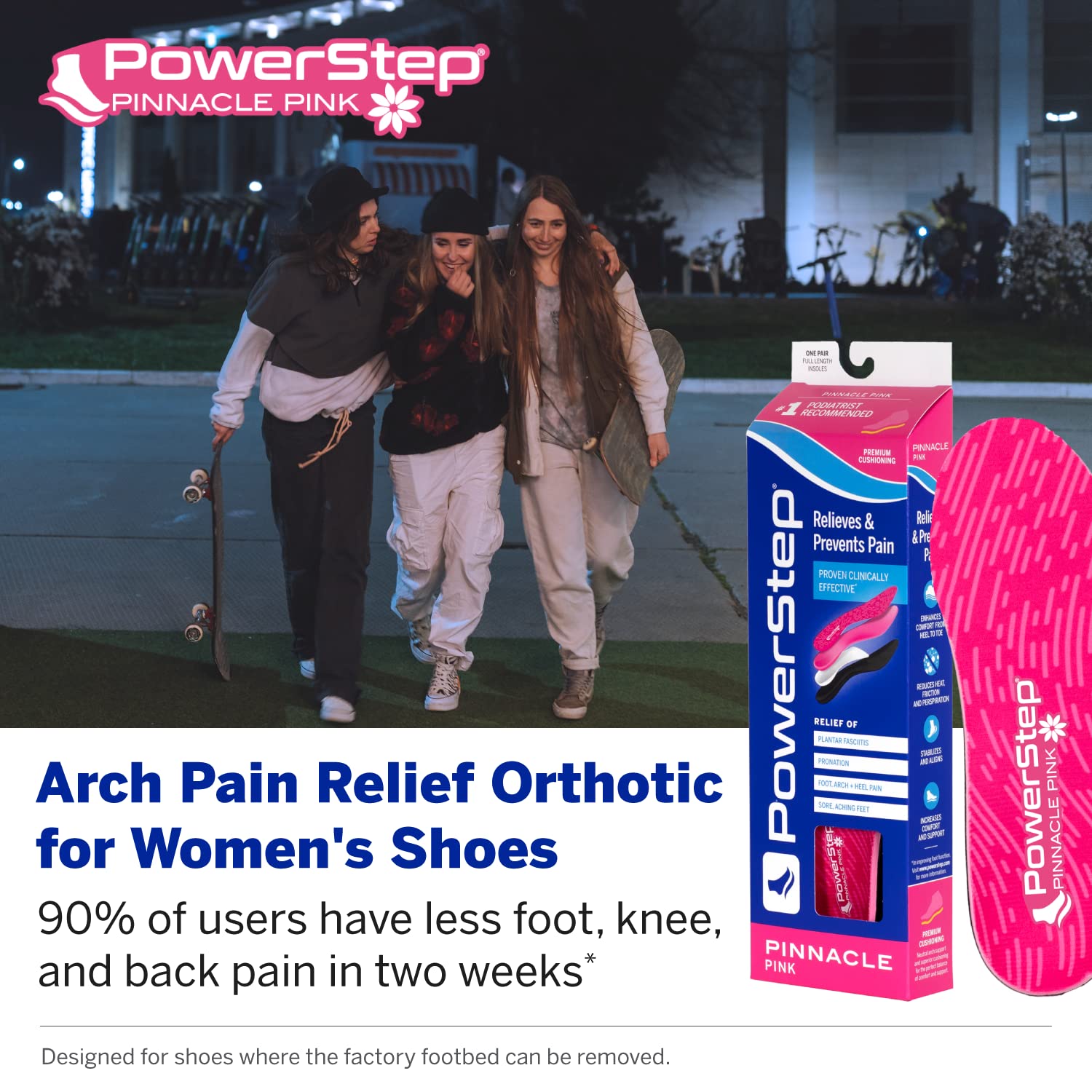 PowerStep Pinnacle Pink Orthotics for Women - Arch Support Inserts for Plantar Fasciitis Relief- Made in USA- Maximum Cushioning Arch Support, Deep Heel Cup for Pronation (W 8-8.5, M 6-6.5)