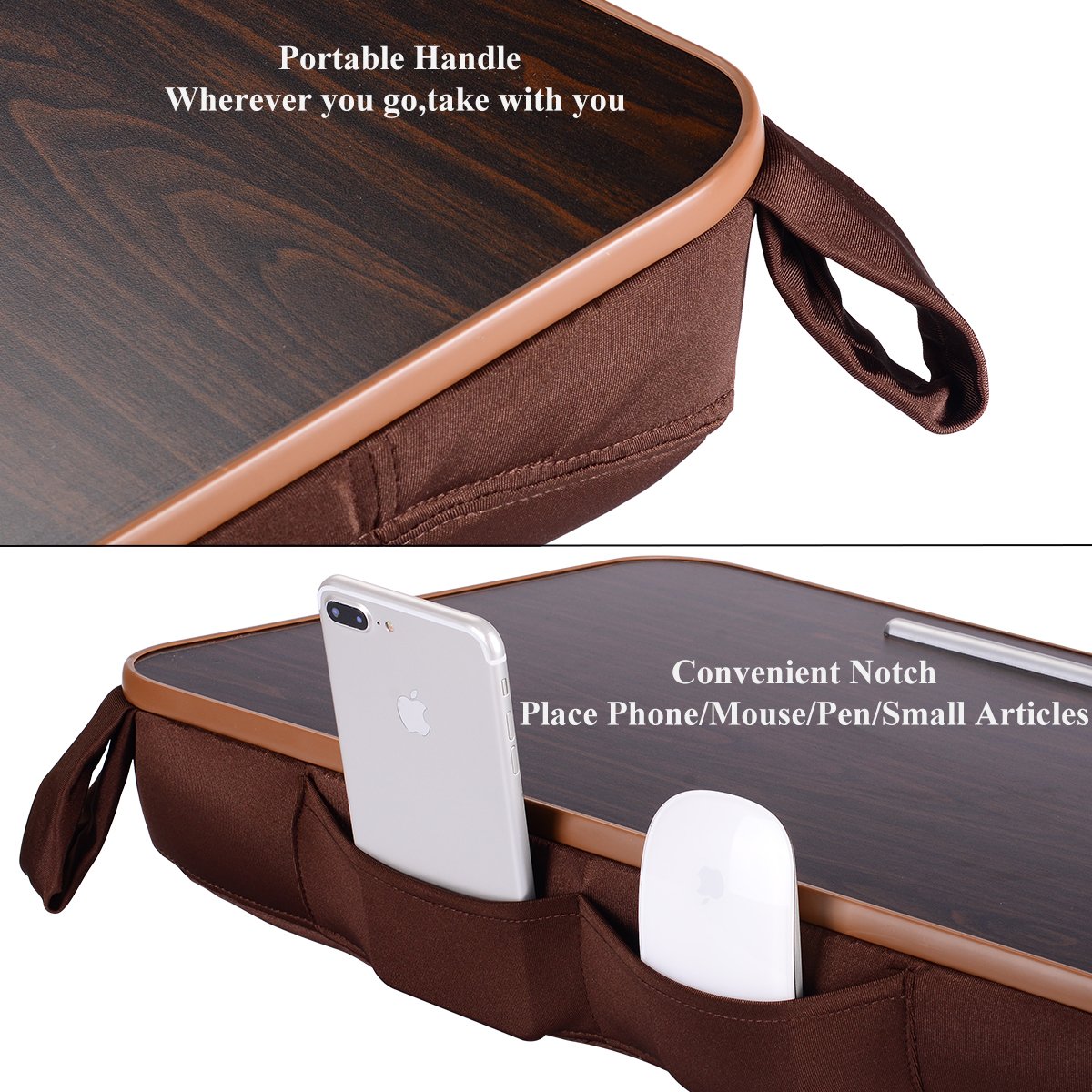 Laptop Desk Portable Nnewvante Multi-function Cushion Computer Lap Stand, Writing Reading Knee Pad, Macbook iPad Tablet Fits up to 18in, Portable Hand Pillow, Square Walnut