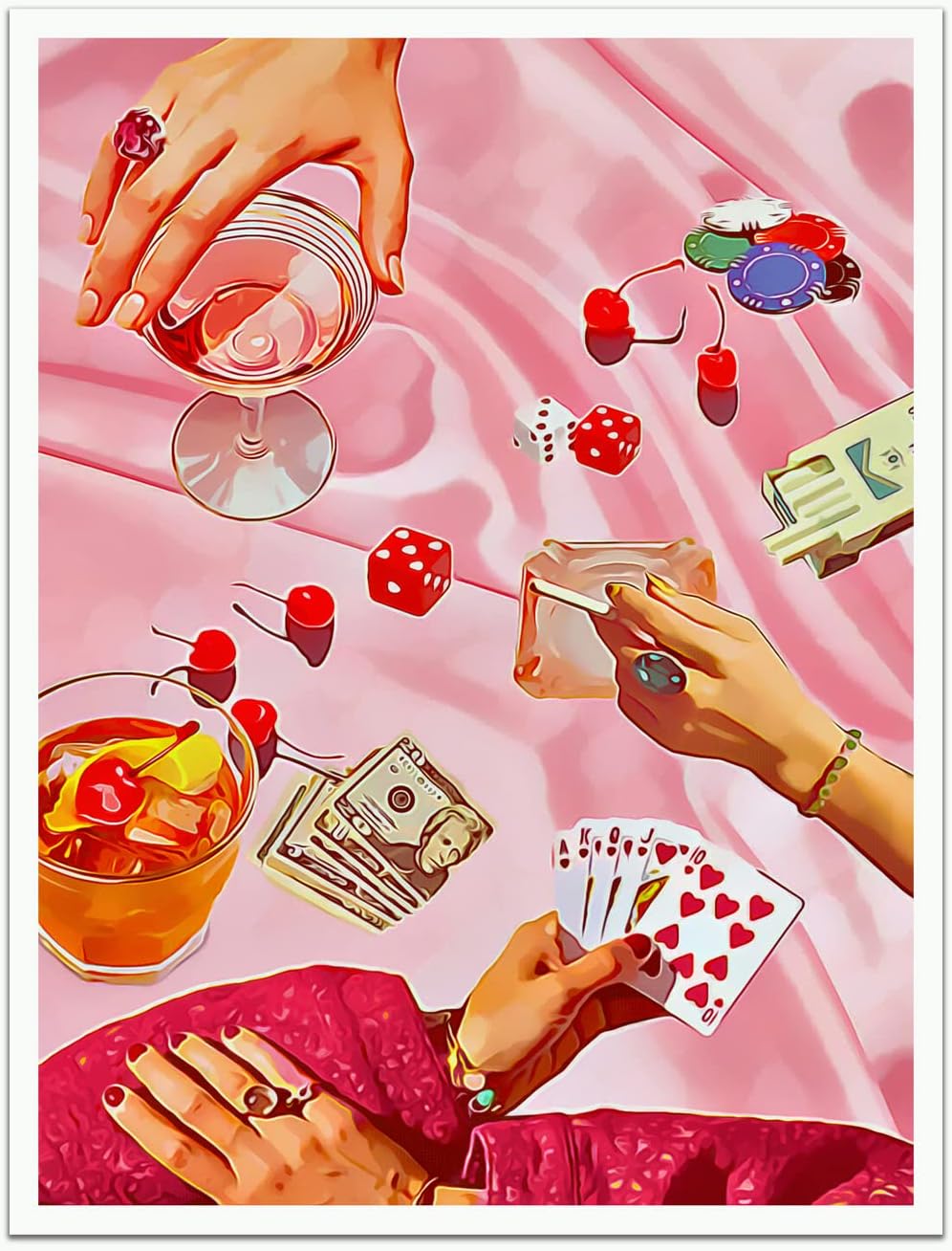 Wall Décor - Vintage Pink Poker Posters Cute Funny Cocktail Casino Dice Chips Canvas Wall Art Cool Funky Alcohol Drinks Cherry Disco Ball Wall Decor for Dorm Bar Party Kitchen 12x16 in Unframed