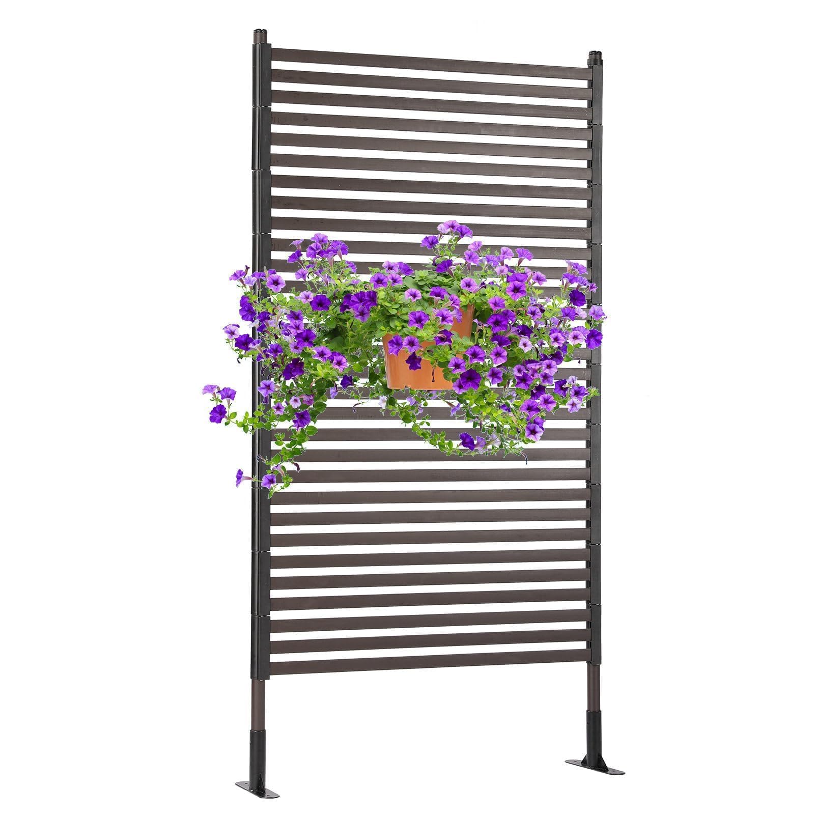 Photo 1 of Metal Outdoor Privacy Screen with Stand, 3 ft W x 6 ft H PE-Coating Steel Pipes and Slats Panels, Decoative Privacy Screen Fence Panels Freestanding for Outside Patio Garden Backyard, Brown