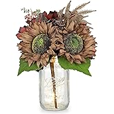 Silk Sunflowers Artificial Flowers with Mason Jar Centerpiece for Table Brown Fall Flowers in Vase Small Fall Floral Arrangement with Vase Thanksgiving Centerpiece for Dining Room Table Autumn Decor