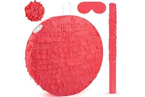 Abilat Red Round Pinata with Stick, Blindfold and Confetti DIY Blank Pinata for Adults Kids Birthday Party Supplies Carnivals