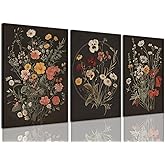 TUEASKY 3 Piece Canvas Wall Art Wildflower Wall Decor Botanical Pictures Floral Paintings Moody Framed Art Vintage Prints Dark Artwork
