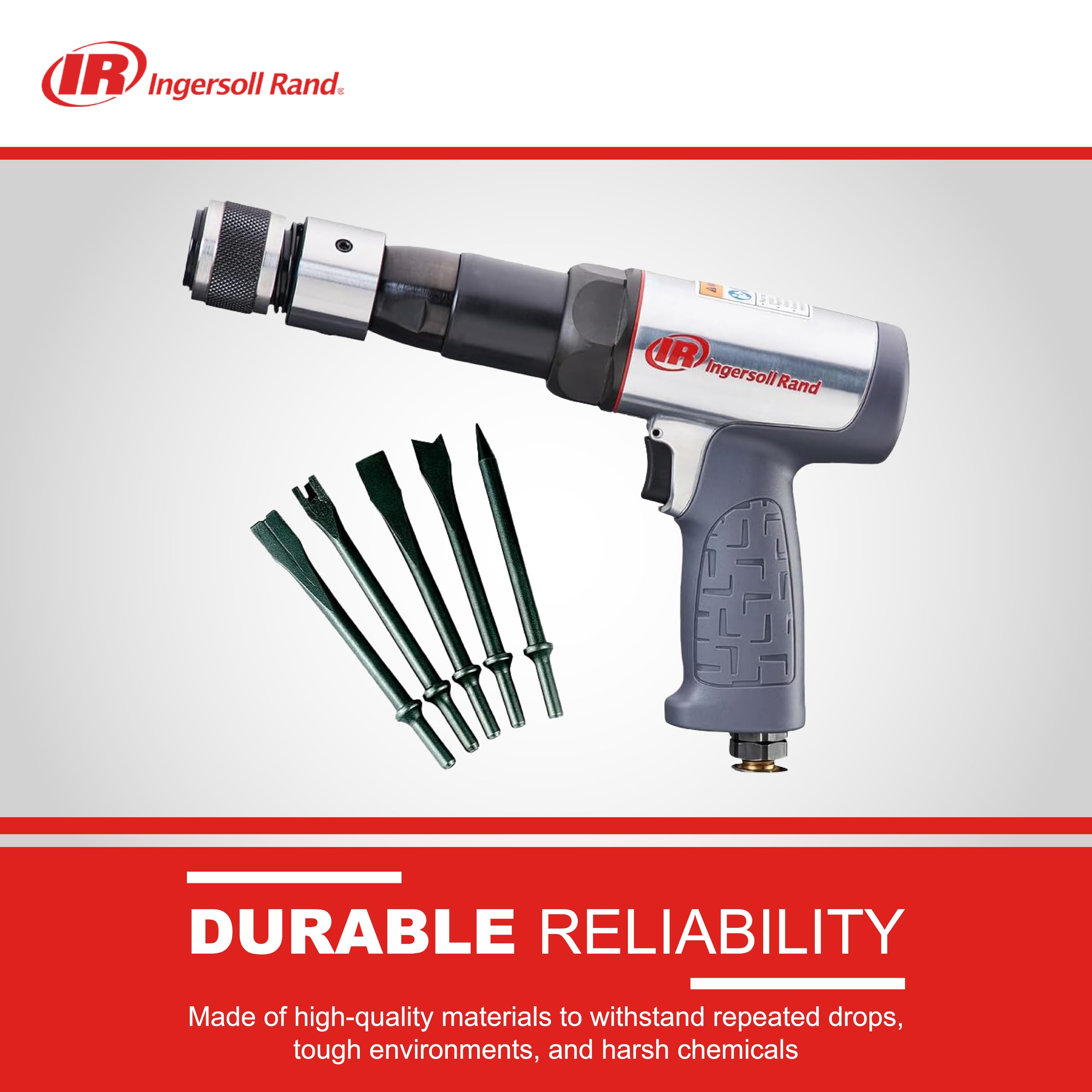 Ingersoll Rand 119MAXK Vibration Reduced Long-Barrel Air Hammer 5-Piece Chisel Set, 2,530 BPM, 3-1/2