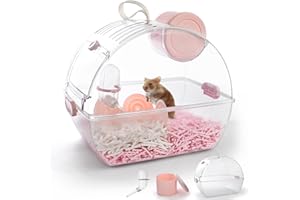 ECOCEN Small Portable Hamster Cages,13×8.2×10.8 Inch Hamster Carrier with Water Bottle,Dwarf Hamster Travel Cage with Storage Box,360º Transparent Acrylic Pet Travel Carrier Cage,Outdoor Animals Carry(Pink)