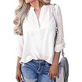 INFITTY Chiffon Blouses for Women 3/4 Length Sleeve Top Trendy V Neck Blouses Dressy Cute Casual Shirts