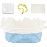OIAHOMY Gift Basket Empty with Handle, 12"x 8"x 5" Small Woven Basket with Gift Bag, Ribbon and Wrap Tissue Paper, Dog Toy Storage for Organizing - Sky Blue &amp; White