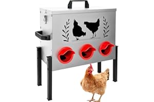 Koretech Chicken Feeders, 30 lb Capacity 6 Port Automatic Chicken Feeder, Metal Chick Feeder with Locking Lid and Legs, Chicken Feeder for Chickens, Ducks, Geese，Silver