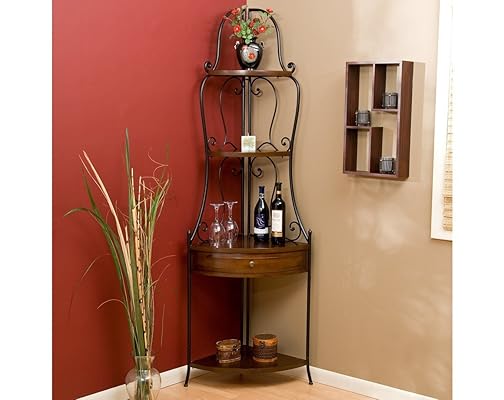 Wrought Iron Corner Bakers Rack with Wood Shelves, Heritage Oak Finish