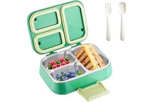 Green Insulated Stainless Steel Lunch Box, 3-Compartment Leak-Proof Bento Box for Students, Double Layer with Utensils & Port
