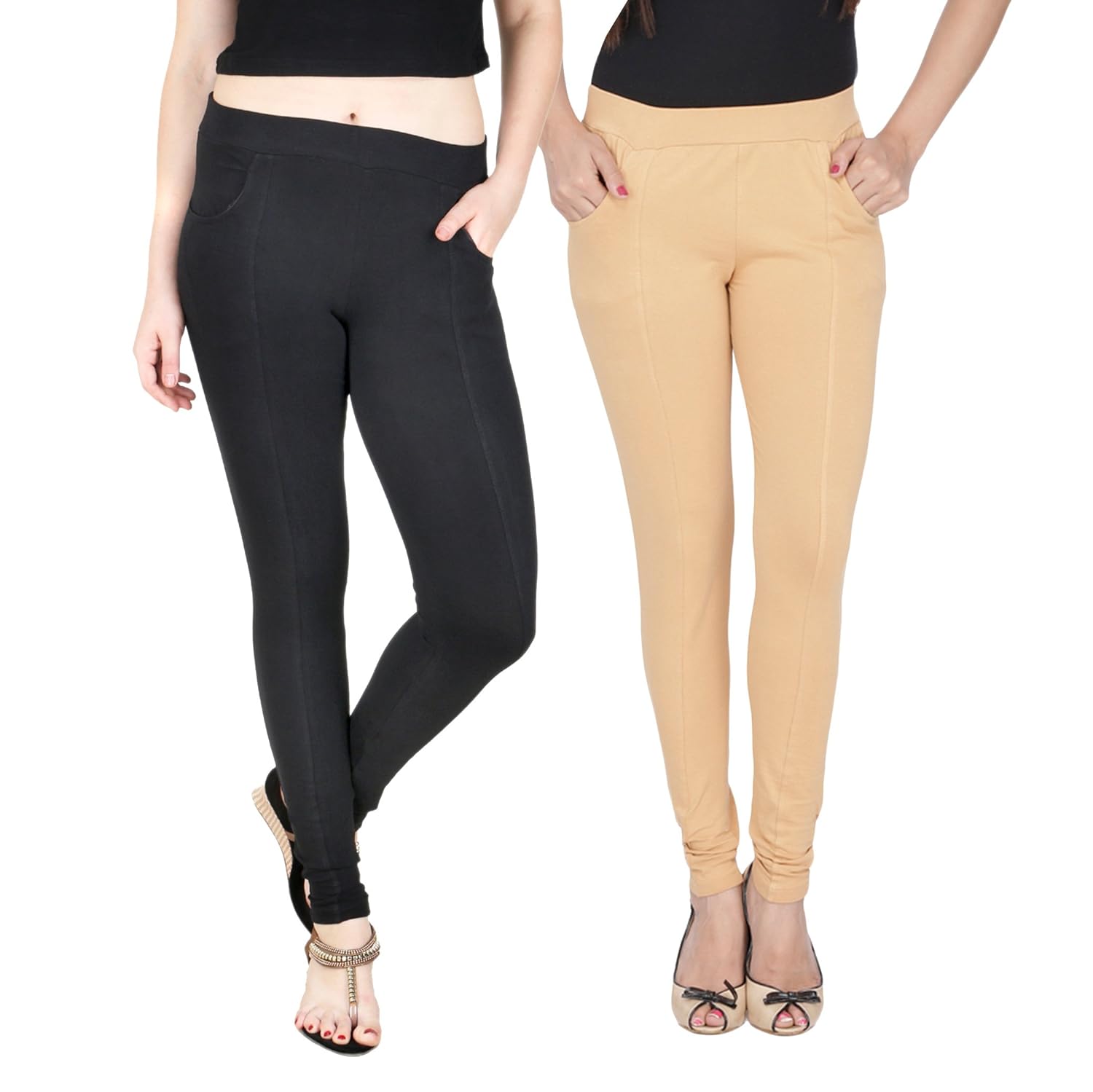 baremoda women's cotton lycra black beige jeggings combo pack of 2