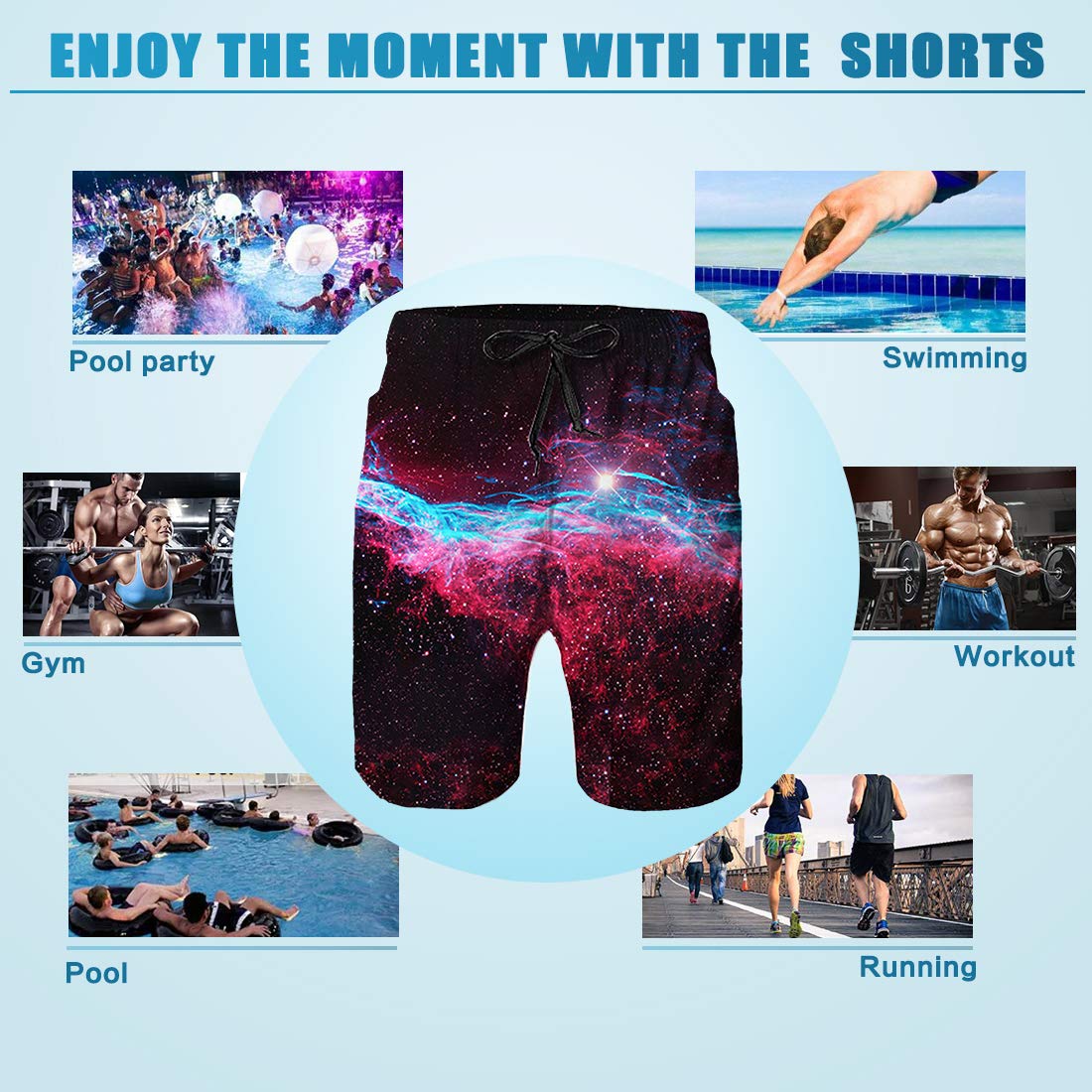 TUONROAD Outdoor Water Sports Trunks Black Galaxy Space Surfing Bathing Suit Boardshorts with Pocket Funny Printed Beach Swim Trunks Shorts with Side Pocket