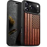 Carveit Magnetic Wooden Case for iPhone 17 Pro Max Case, Wood Artisan Engraved & Black Soft TPU Shockproof Cover, Compatible with MagSafe Wireless Chargers (The Classic American Flag) Rosy