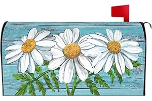 BLLESQELAX Spring Summer Daisy Flowers Mailbox Cover Magnetic Standard Size 21 x 18 inch Vintage Teal Old Wood Board Magnetic Mailbox Cover Waterproof Post Box Covers for Garden Patio Decoration