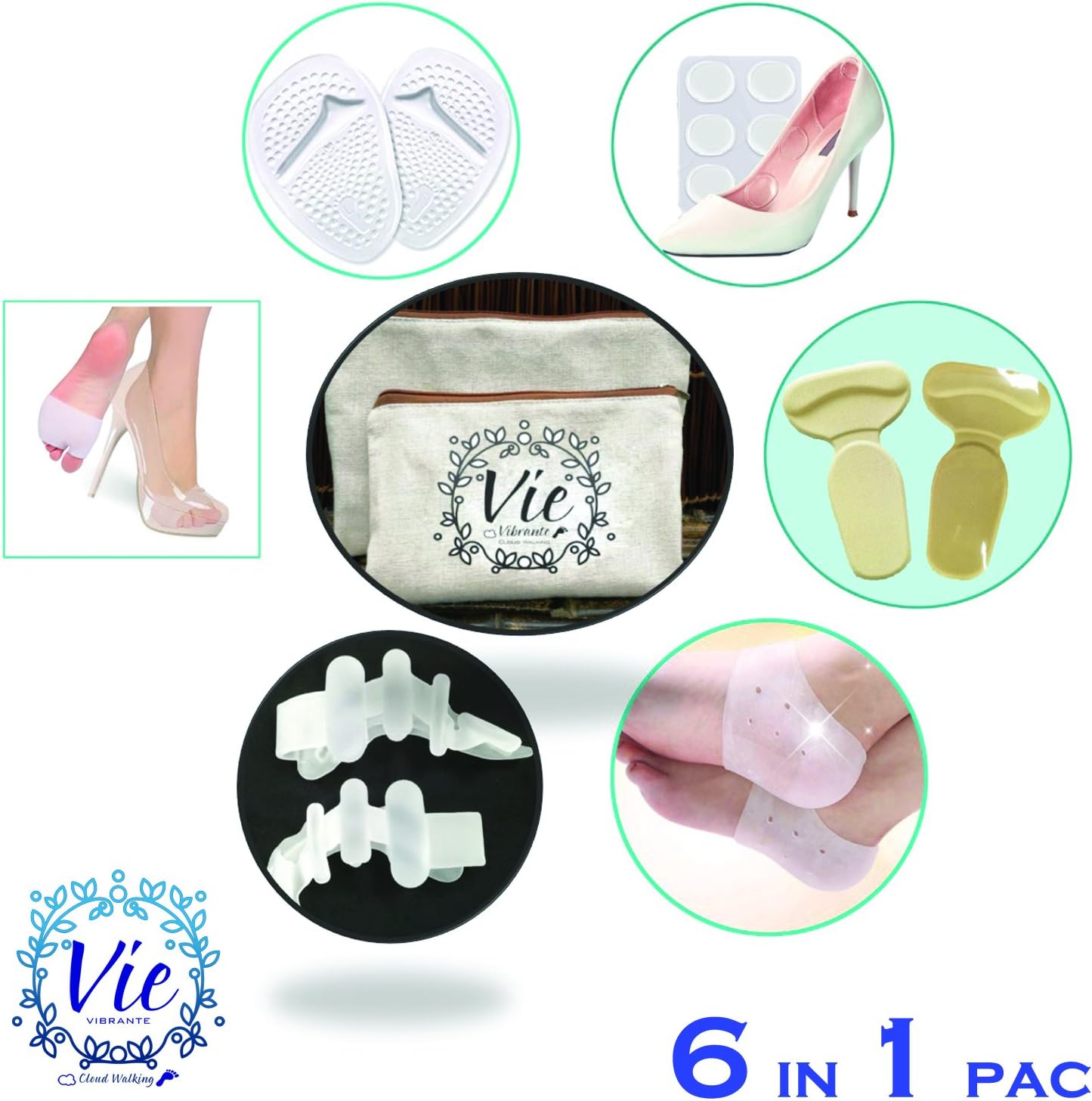 6 In 1 Pack- Metatarsal Foot Pads, Ball of Foot Cushions, Toe Separators, Comfortable High Heel Grips, Gel Heel Socks and Blister Pads - Best for Women Complete Foot Care Kit by Vie Vibrante
