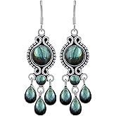 Natural Genuine Gemstones Dangle Earrings for Women – Handmade 925 Silver Plated Drop Earrings – Round & Pear Shape Gemstones Boho Vintage Style Fashion Jewelry – Gift for Wedding Christmas