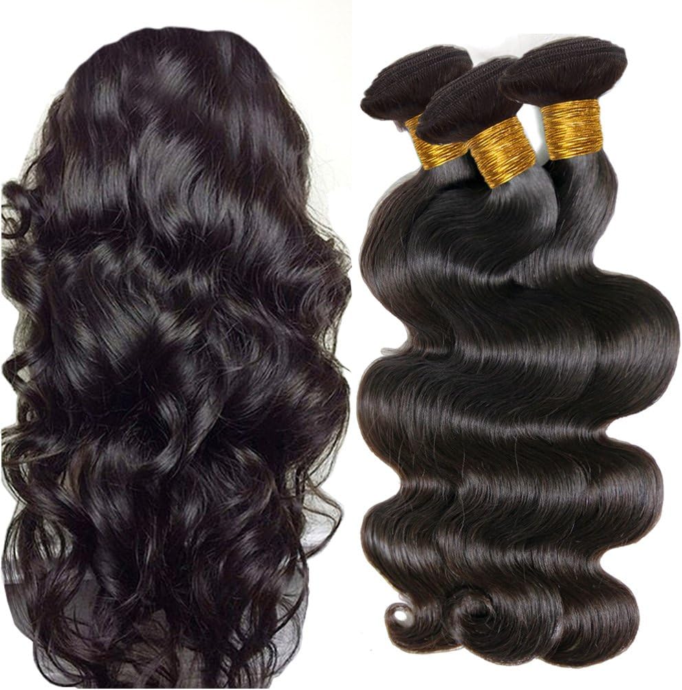 JINREN Brazilian Virgin Hair Body Wave Hair Weave 3 Bundles Full Head Set Unprocessed Virgin Human Hair Weave Natural Black 10-28inch (20inch 22inch 24inch)
